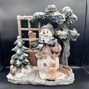 Large Snowman‎ Figurine by Window w/ Christmas Tree Vtg Resin Holiday 16"x16"x8"